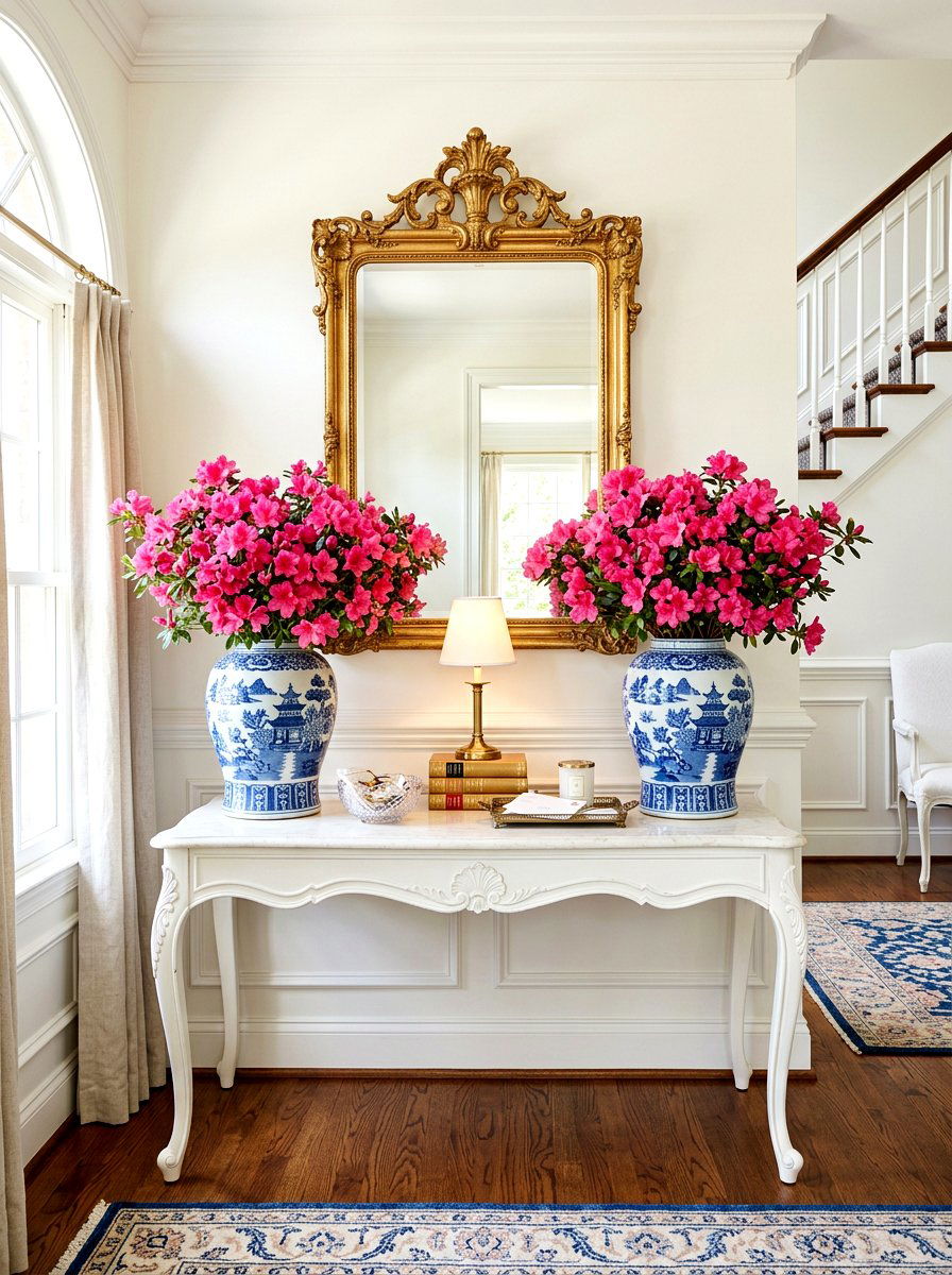 Blue White Pottery Entry - 30 spring entry table ideas