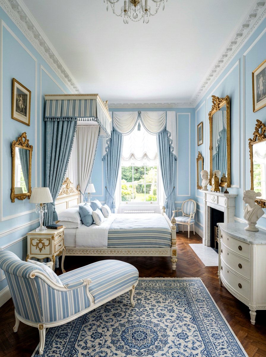 Blue White Regency Bedroom - 30 old money bedroom ideas