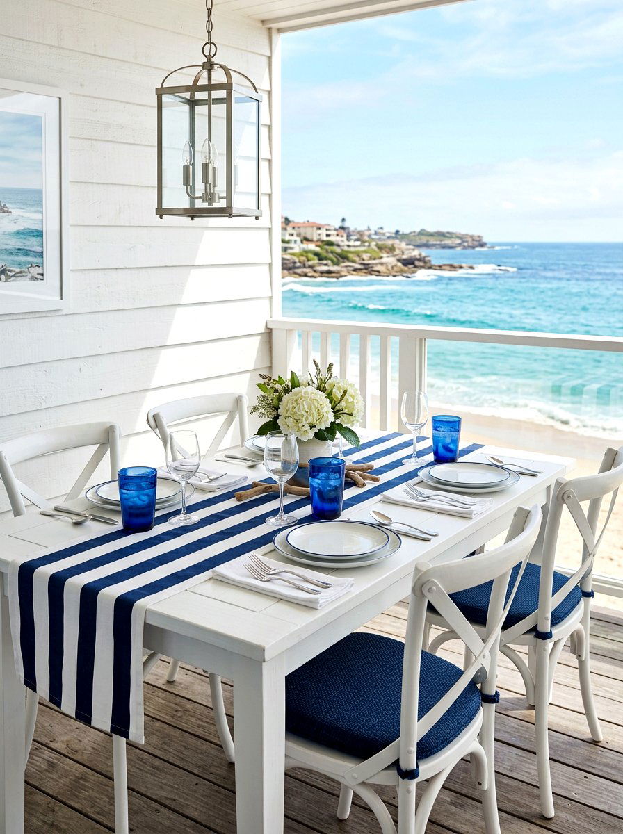 Blue White Table Runner - 30 coastal table decor ideas