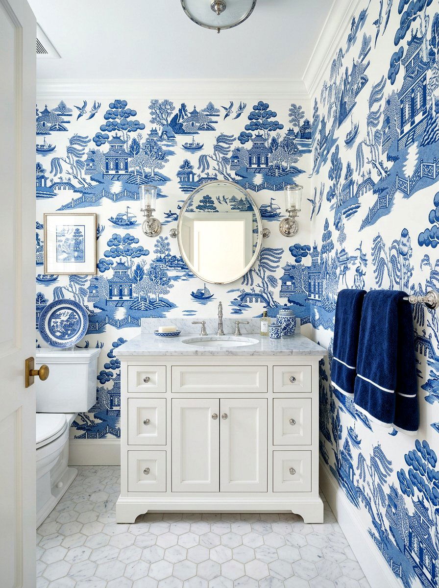 Blue Willow Mural Powder Room - 30 murals in powder room ideas