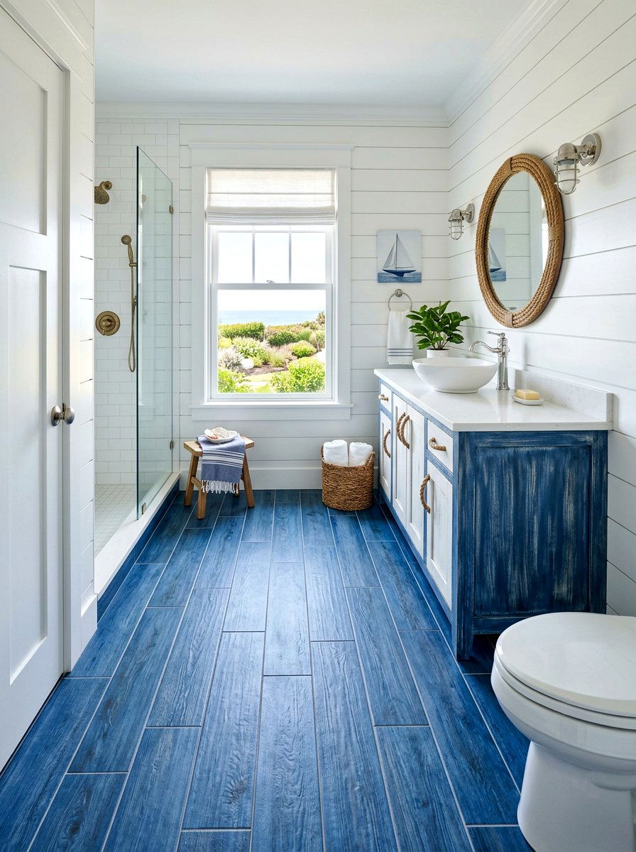 Blue Wood Look Tile - 30 colorful bathroom tile ideas