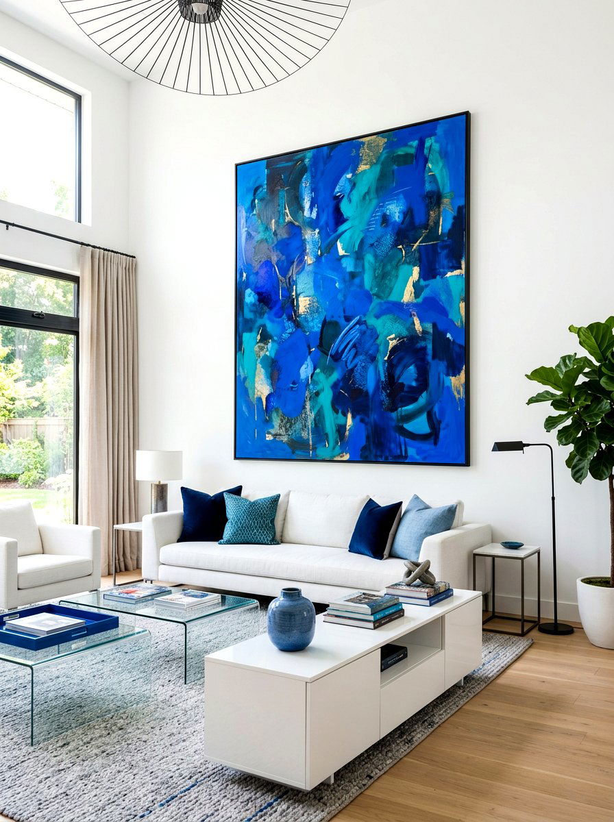 Blue abstract art - 30 blue and white living room decor ideas