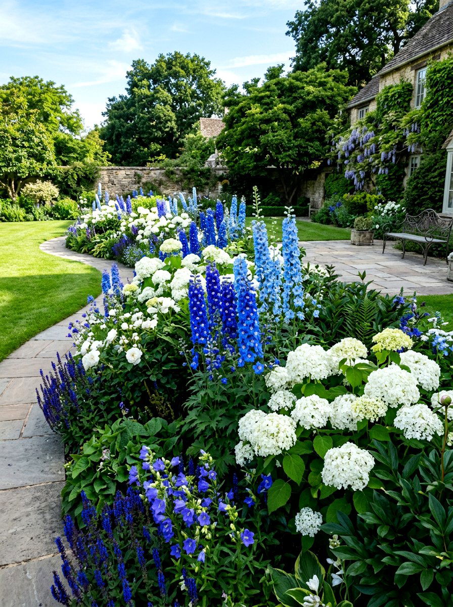 Blue and White Flower Theme - 30 flower bed landscaping ideas