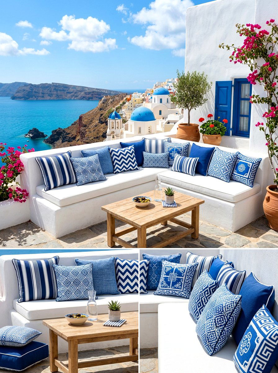 Blue and White Outdoor Cushions - 30 Mediterranean backyard lounge ideas