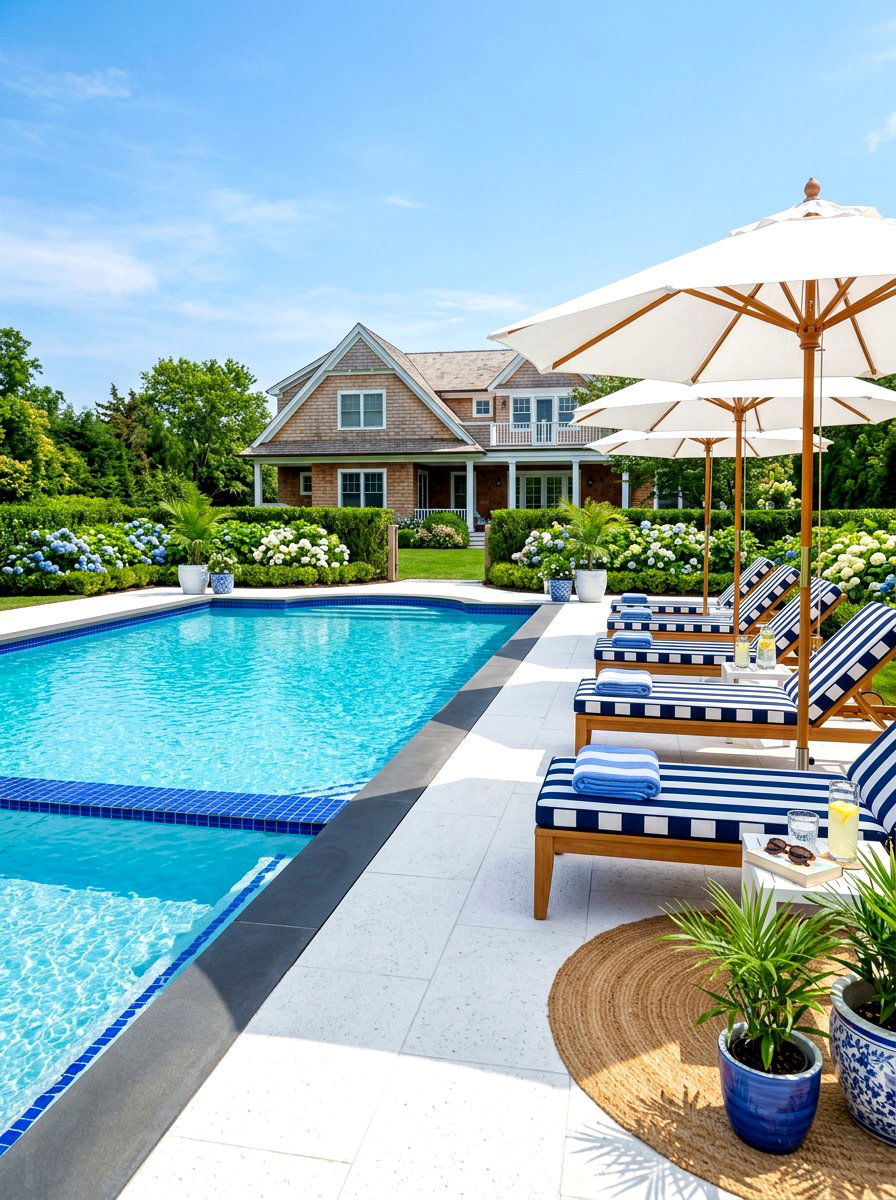 Blue and White Pool Deck - 30 coastal backyard ideas