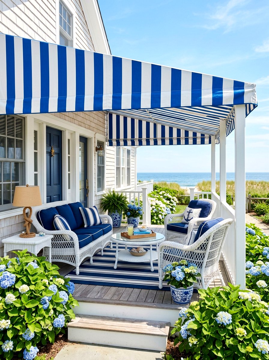 Blue and White Striped Awning - 30 striped summer porch ideas