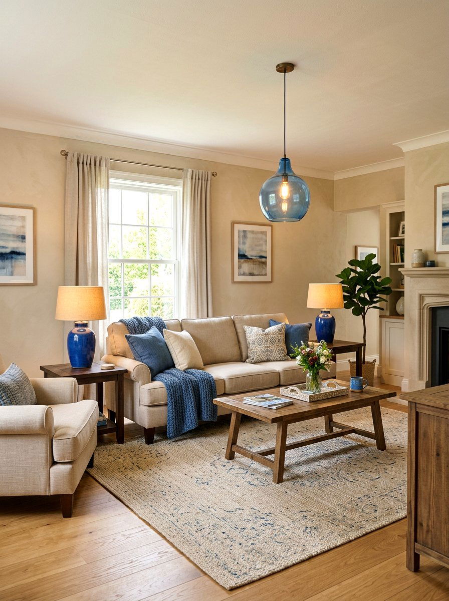 Blue and beige living room lighting - 30 blue and beige living room ideas