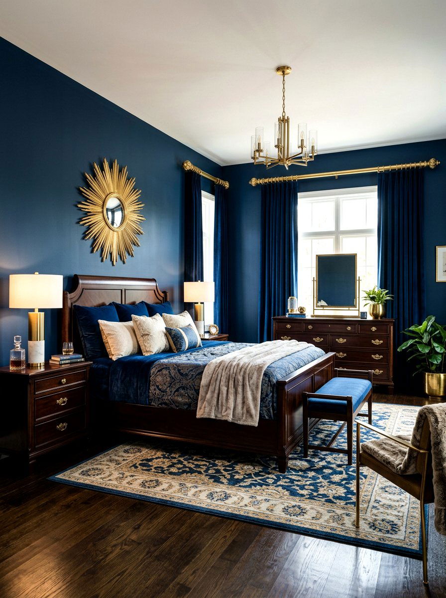Blue and brass bedroom - 30 inky blue bedroom decor ideas