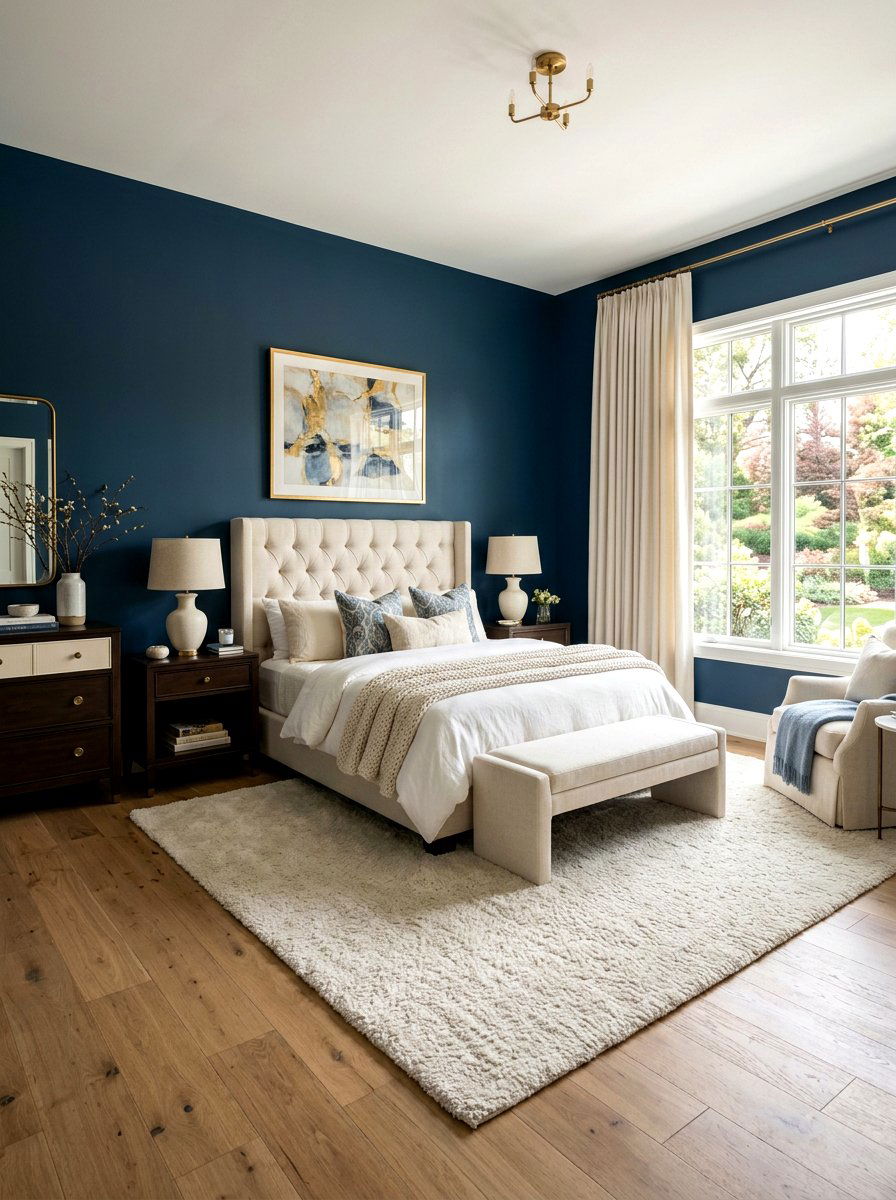Blue and cream bedroom - 30 inky blue bedroom decor ideas