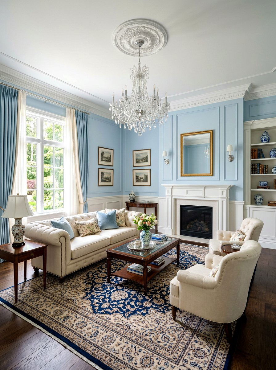 Blue and cream traditional living room - 30 soft blue living room ideas