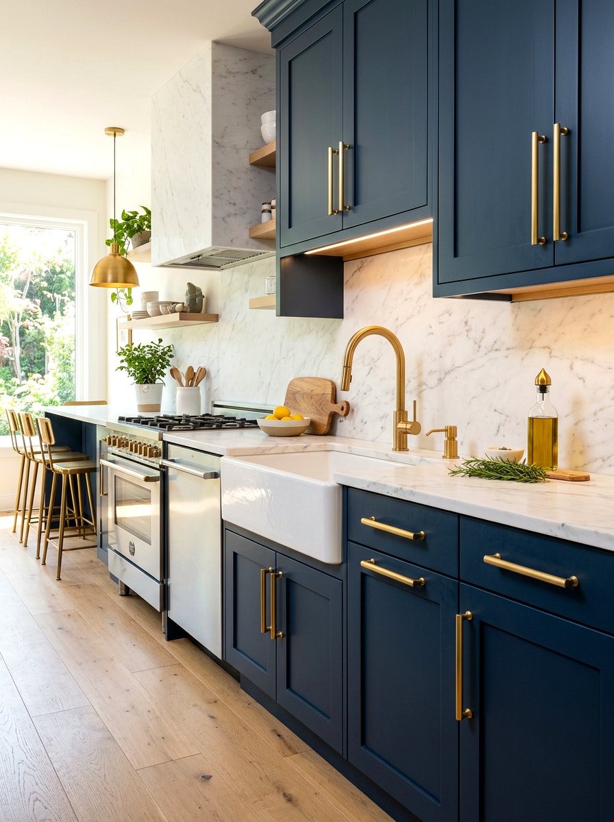Blue and gold kitchen hardware - 30 blue kitchen ideas