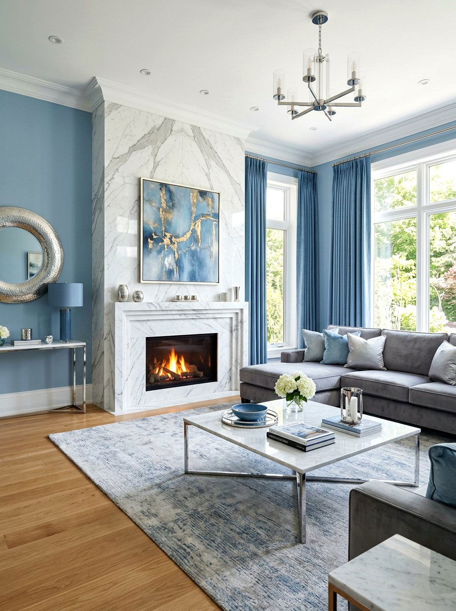Blue and marble living room - 30 soft blue living room ideas