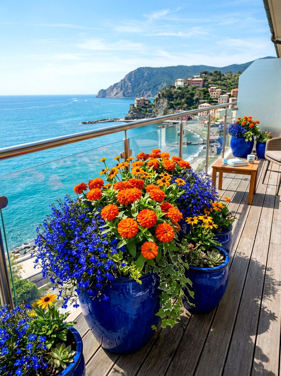 Blue and orange container garden - 30 container garden color ideas