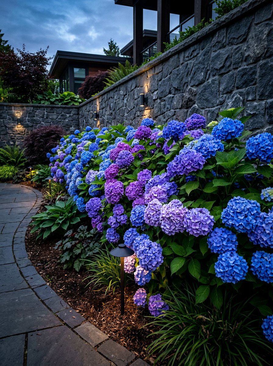 Blue and purple hydrangea mix - 30 hydrangea hedge ideas