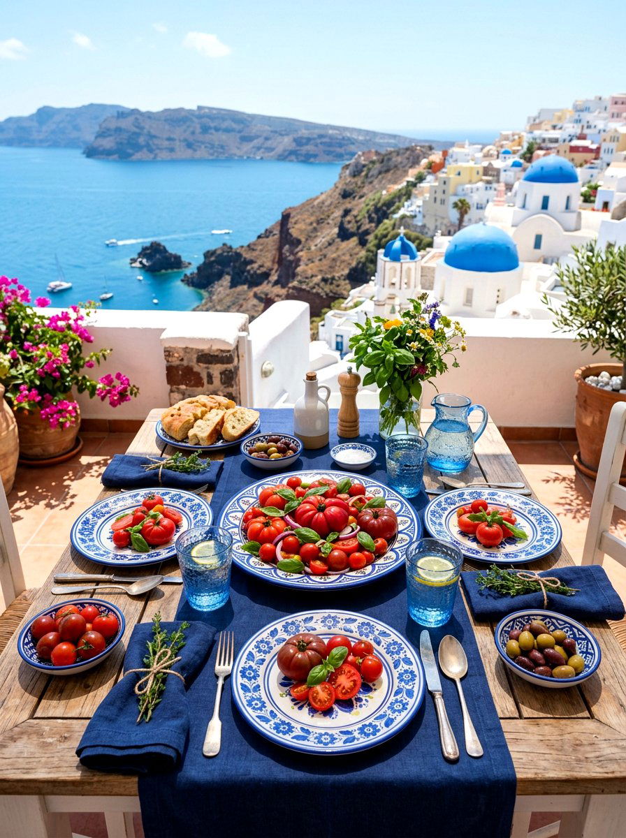Blue and red tomato table - 30 tomato tablescape ideas
