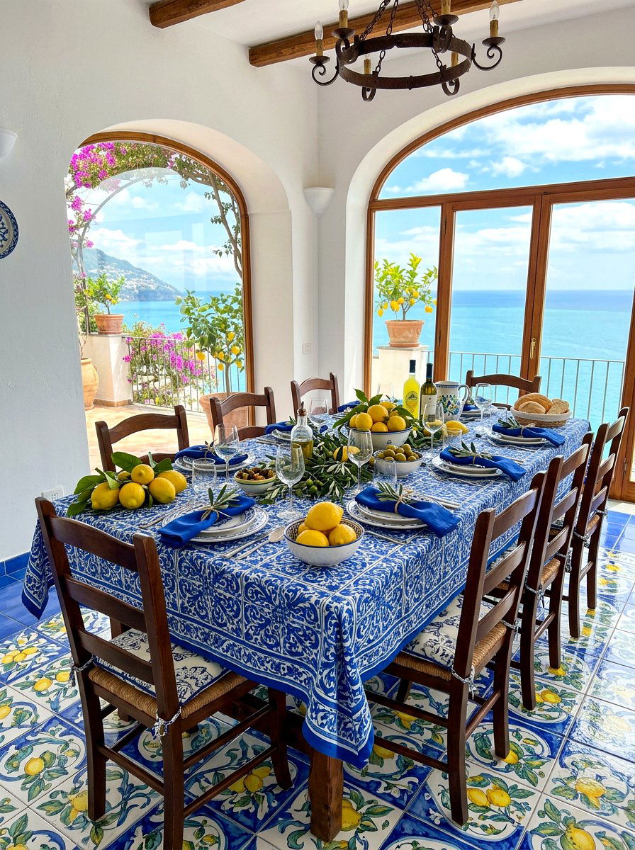 Blue and white Mediterranean table - 30 lemon tablescape ideas