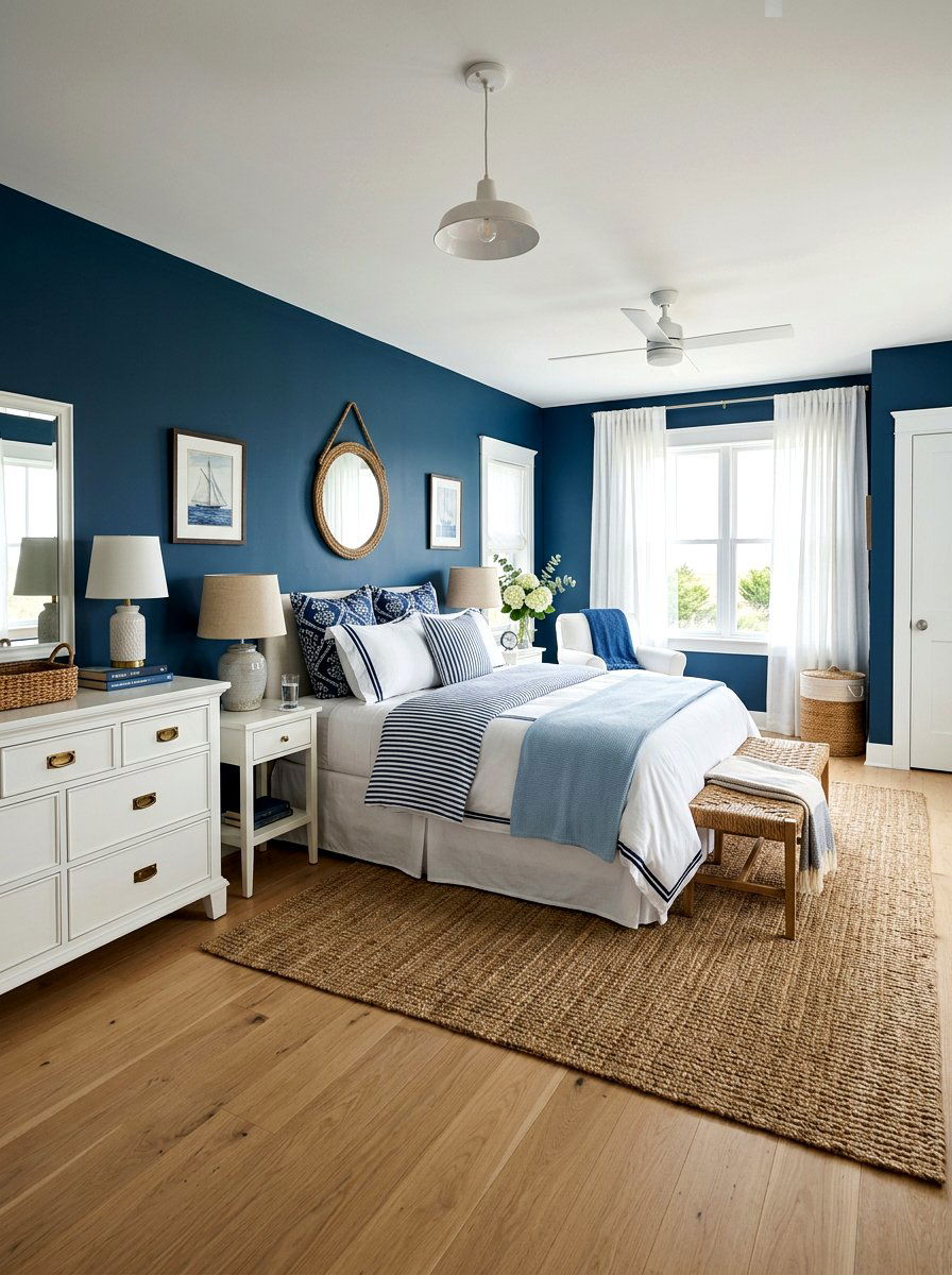 Blue and white bedding - 30 inky blue bedroom decor ideas