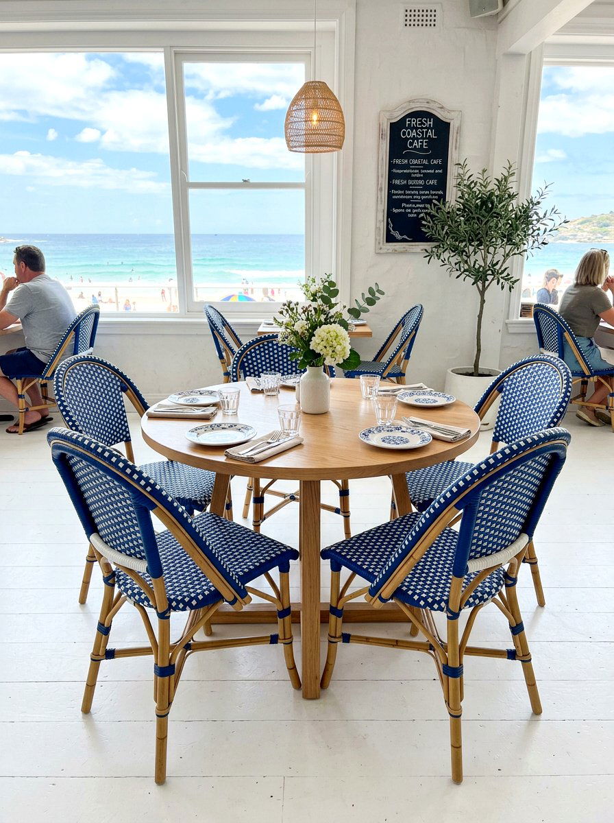 Blue and white bistro chairs - 30 Paris cafe dining room ideas