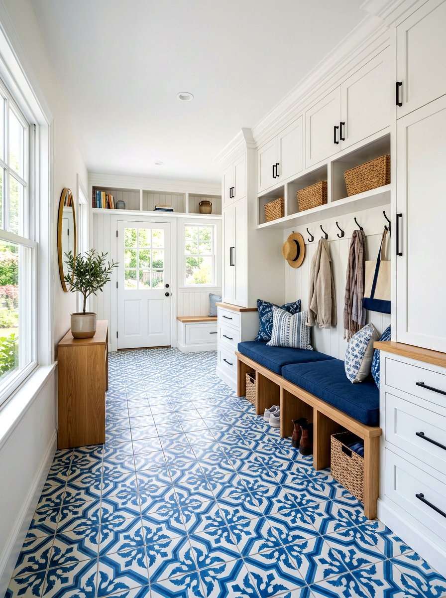 Blue and white cement tile - 30 patterned mudroom tile ideas