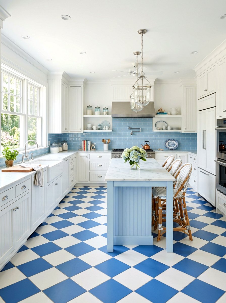 Blue and white checkerboard kitchen design - 30 checkerboard kitchen tile ideas