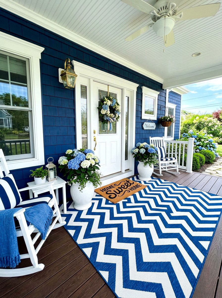 Blue and white chevron rug - 30 porch doormat layering ideas