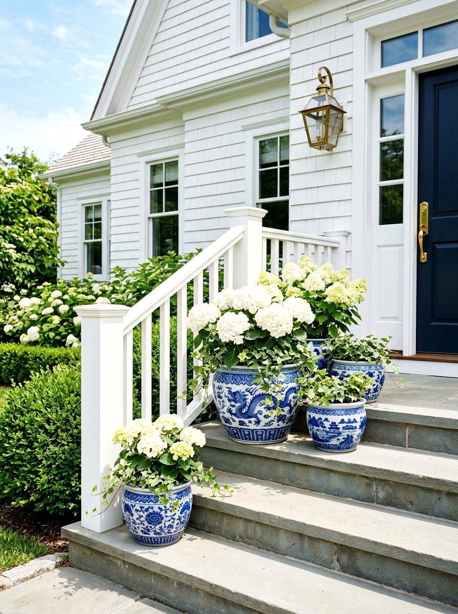 Blue and white chinoiserie pots - 30 porch step planter ideas