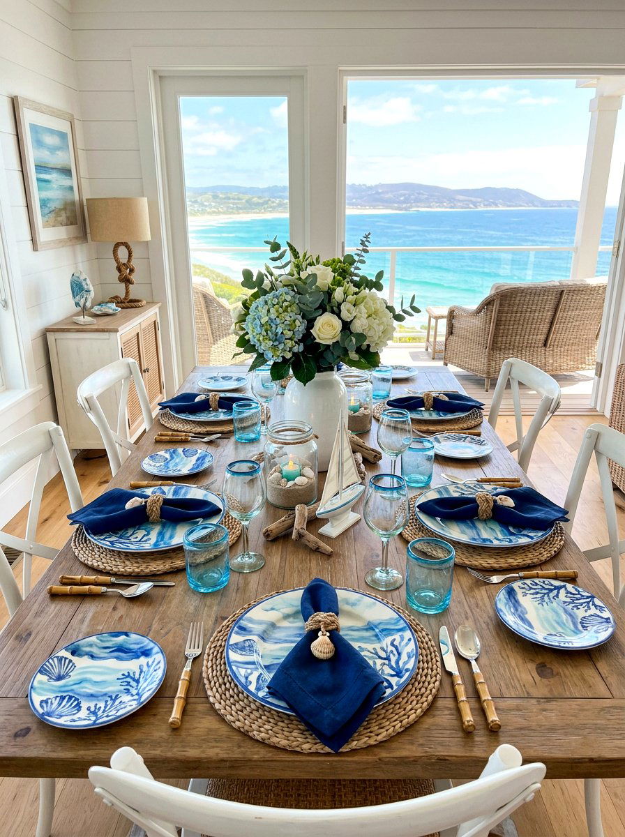Blue and white coastal dinner - 30 summer patio tablescape ideas