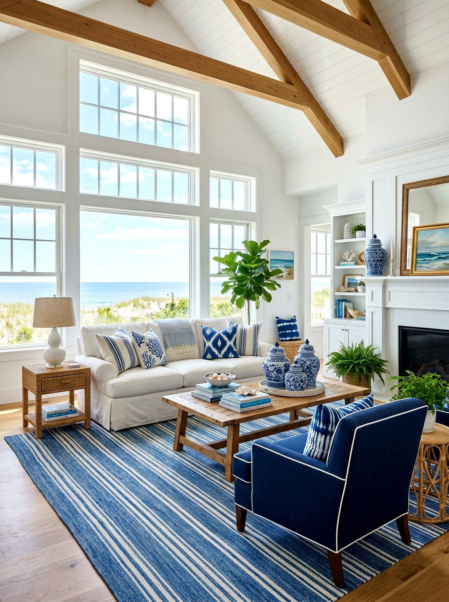 Blue and white coastal living room - 30 coastal summer living room ideas