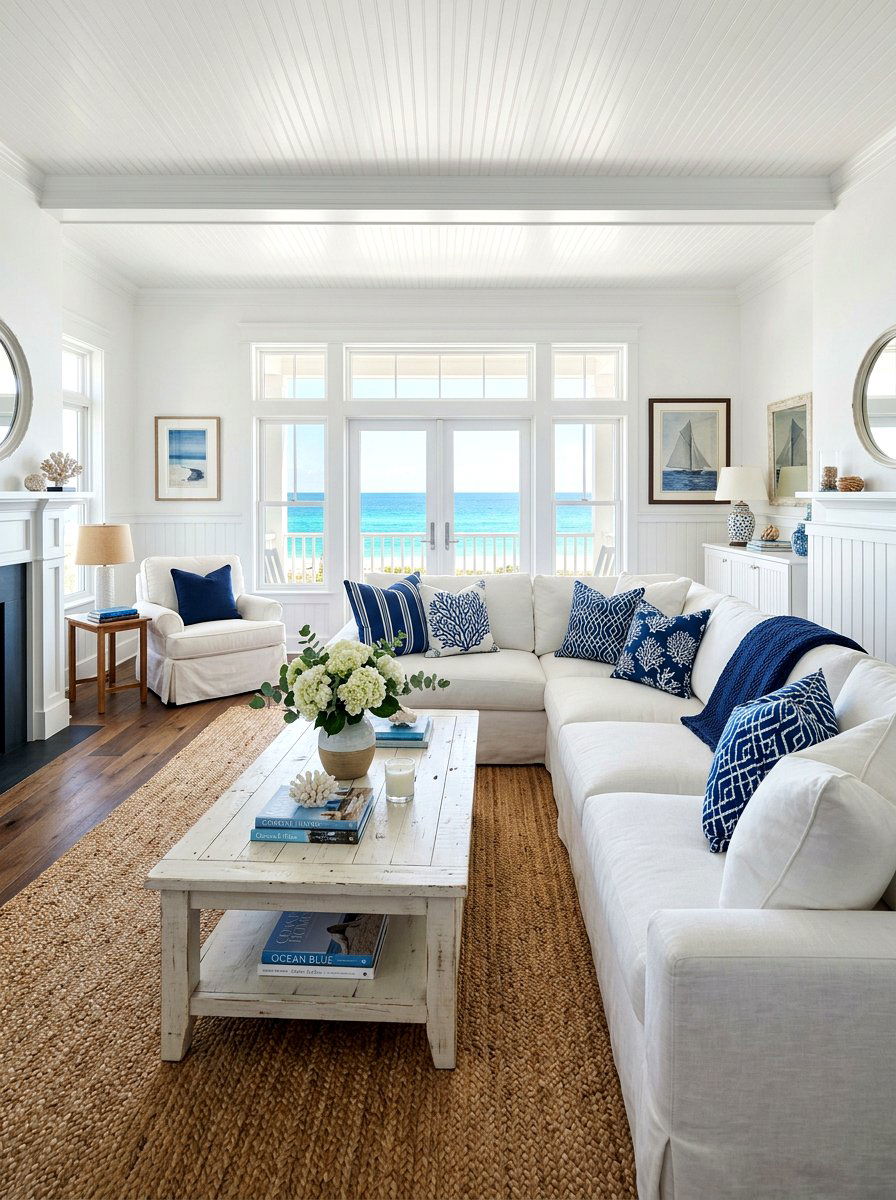 Blue and white coastal living room - 30 coastal living room ideas
