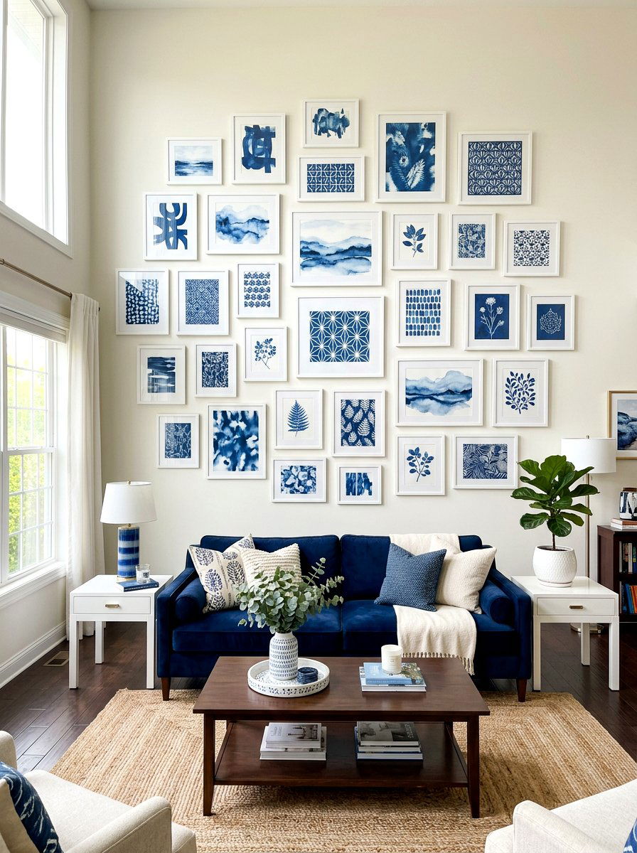 Blue and white gallery wall - 30 blue and white living room decor ideas