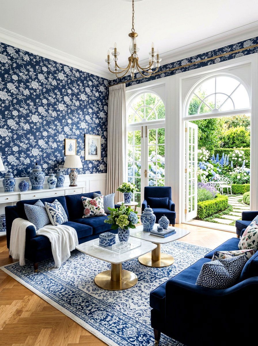 Blue and white garden lounge - 30 garden print wallpaper ideas