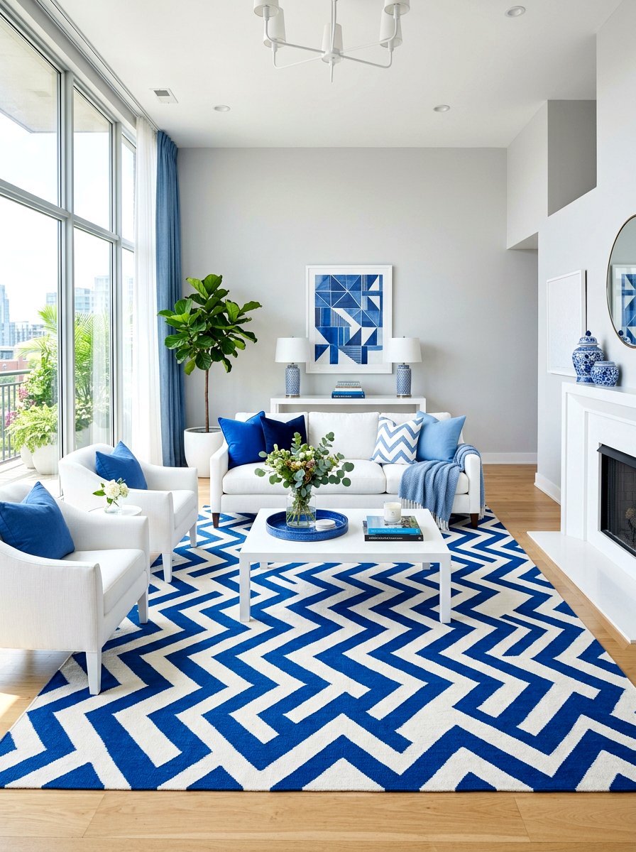 Blue and white geometric rug - 30 blue and white living room decor ideas