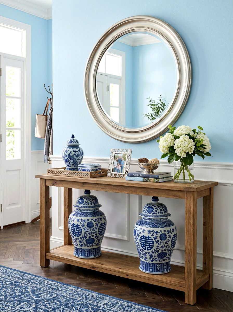 Blue and white ginger jar console table - 30 blue and white ginger jar decor ideas
