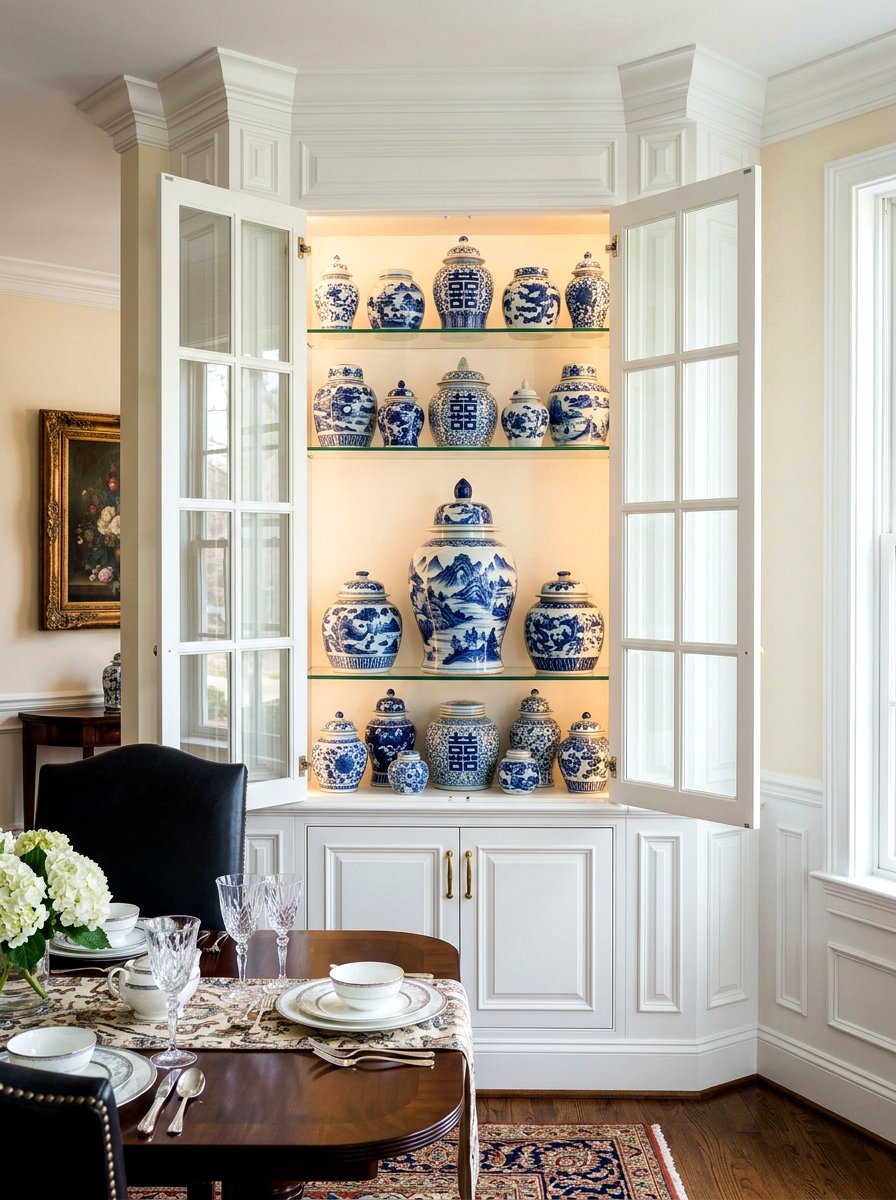 Blue and white ginger jar corner cabinet - 30 blue and white ginger jar decor ideas