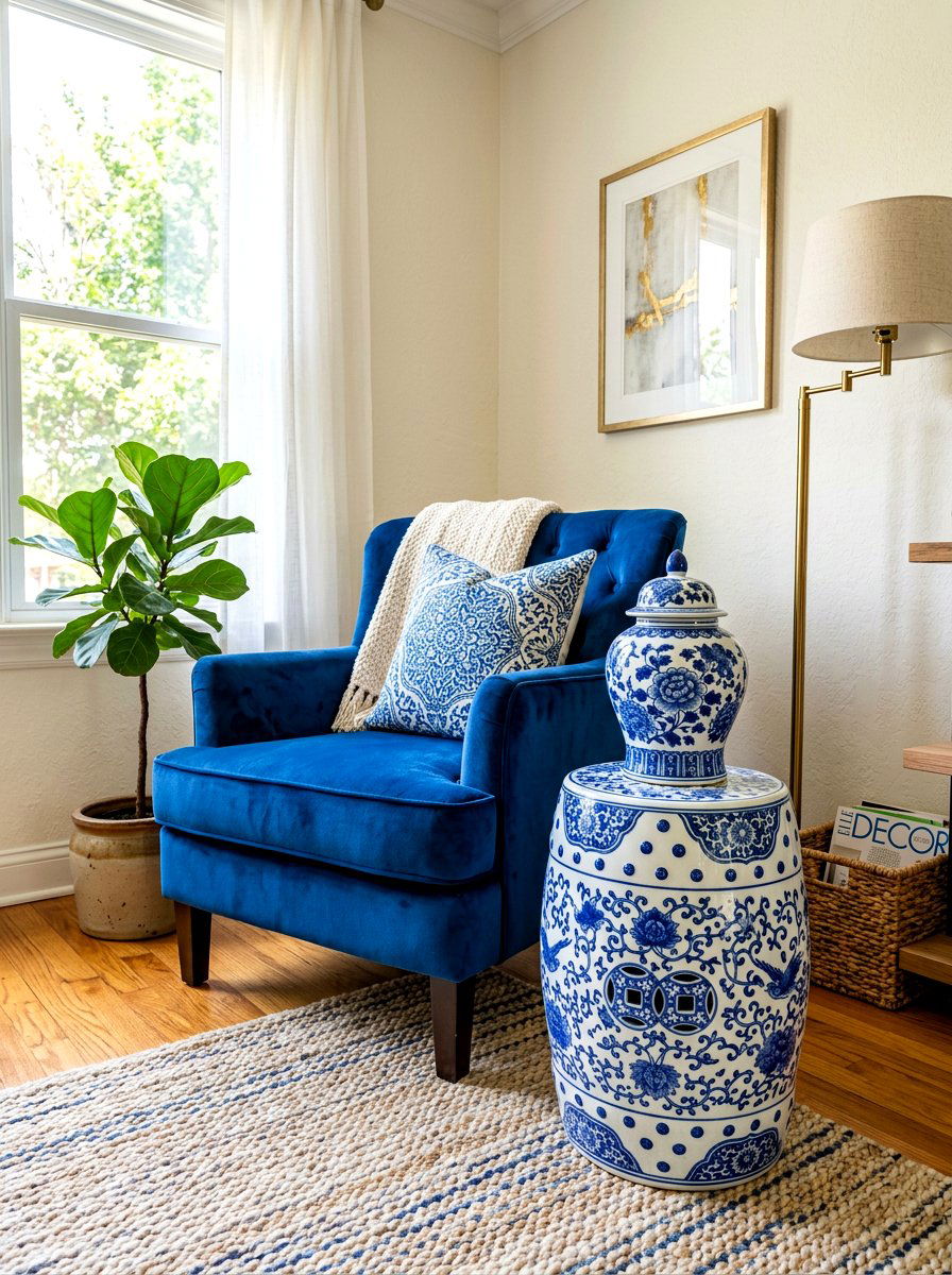 Blue and white ginger jar garden stool - 30 blue and white ginger jar decor ideas