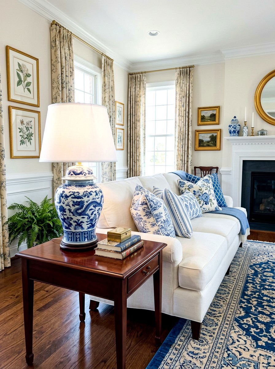 Blue and white ginger jar lamp - 30 cozy lamp lit living room ideas