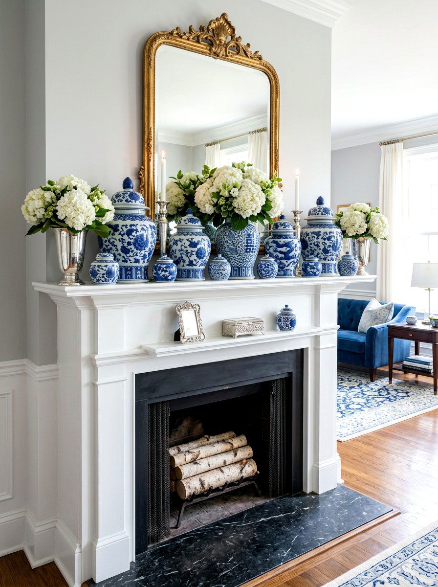 Blue and white ginger jar mantel - 30 spring mantel decor ideas