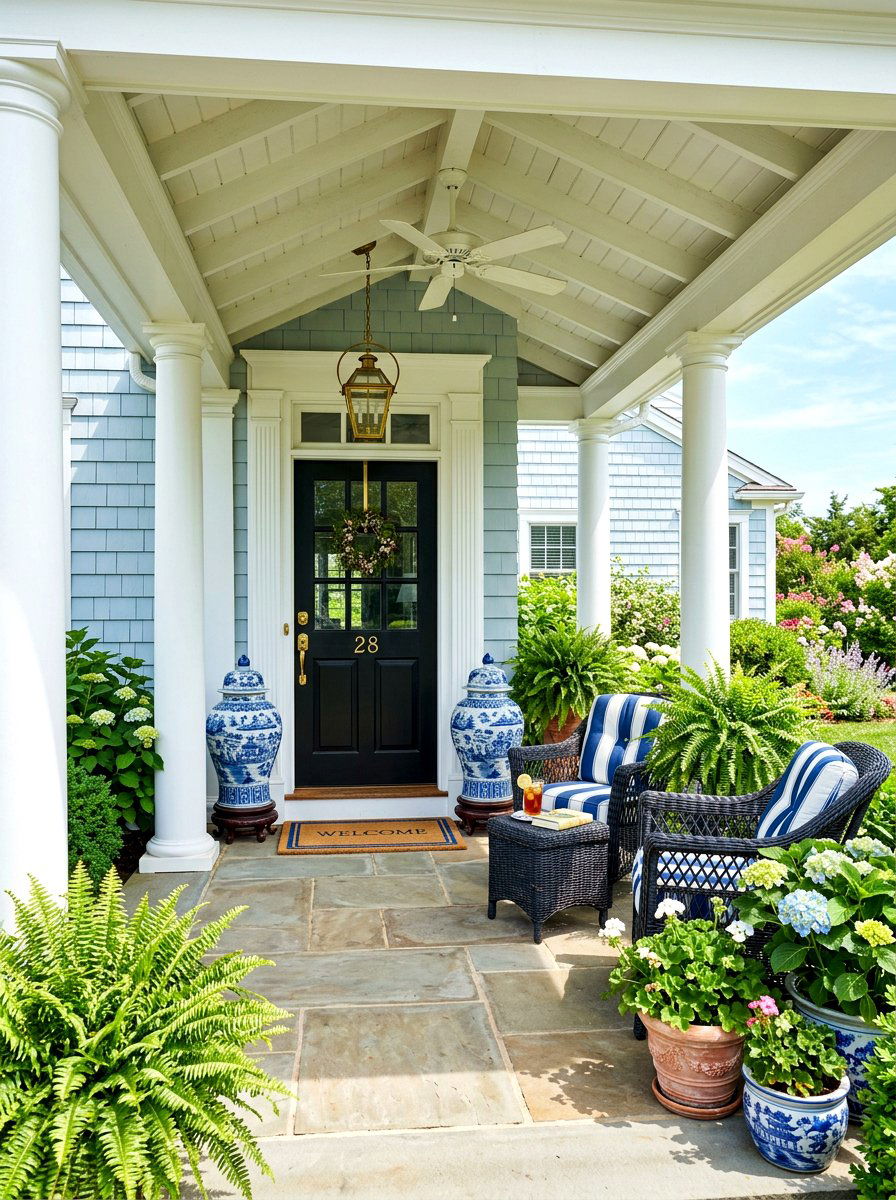 Blue and white ginger jar porch - 30 blue and white ginger jar decor ideas