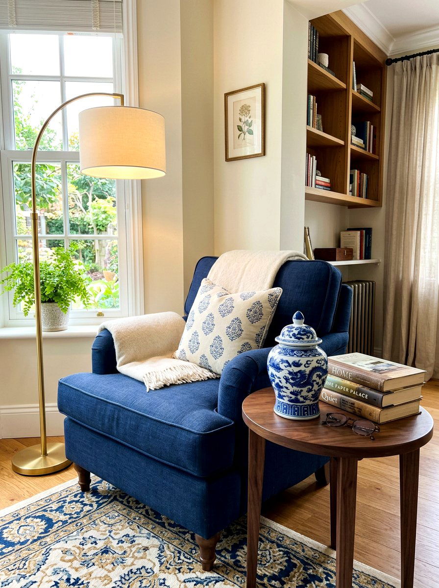 Blue and white ginger jar reading nook side table - 30 blue and white ginger jar decor ideas