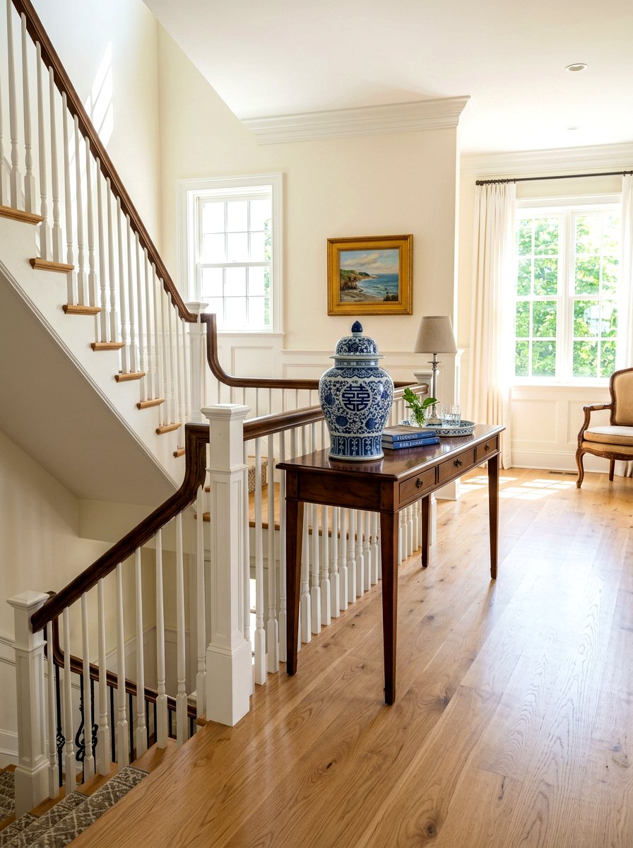Blue and white ginger jar staircase landing - 30 blue and white ginger jar decor ideas