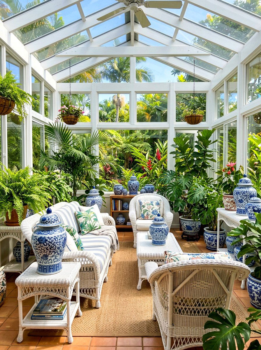 Blue and white ginger jar sunroom - 30 blue and white ginger jar decor ideas