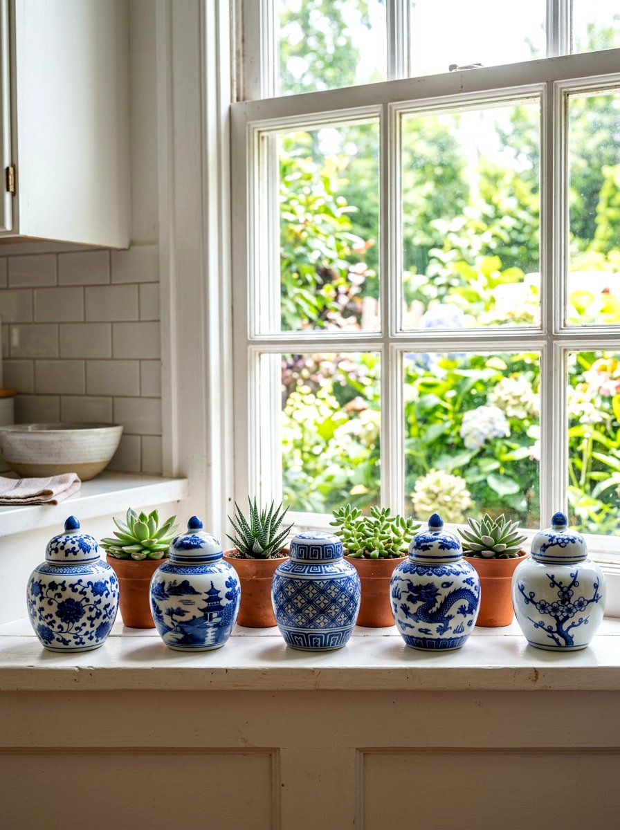 Blue and white ginger jar window sill - 30 blue and white ginger jar decor ideas