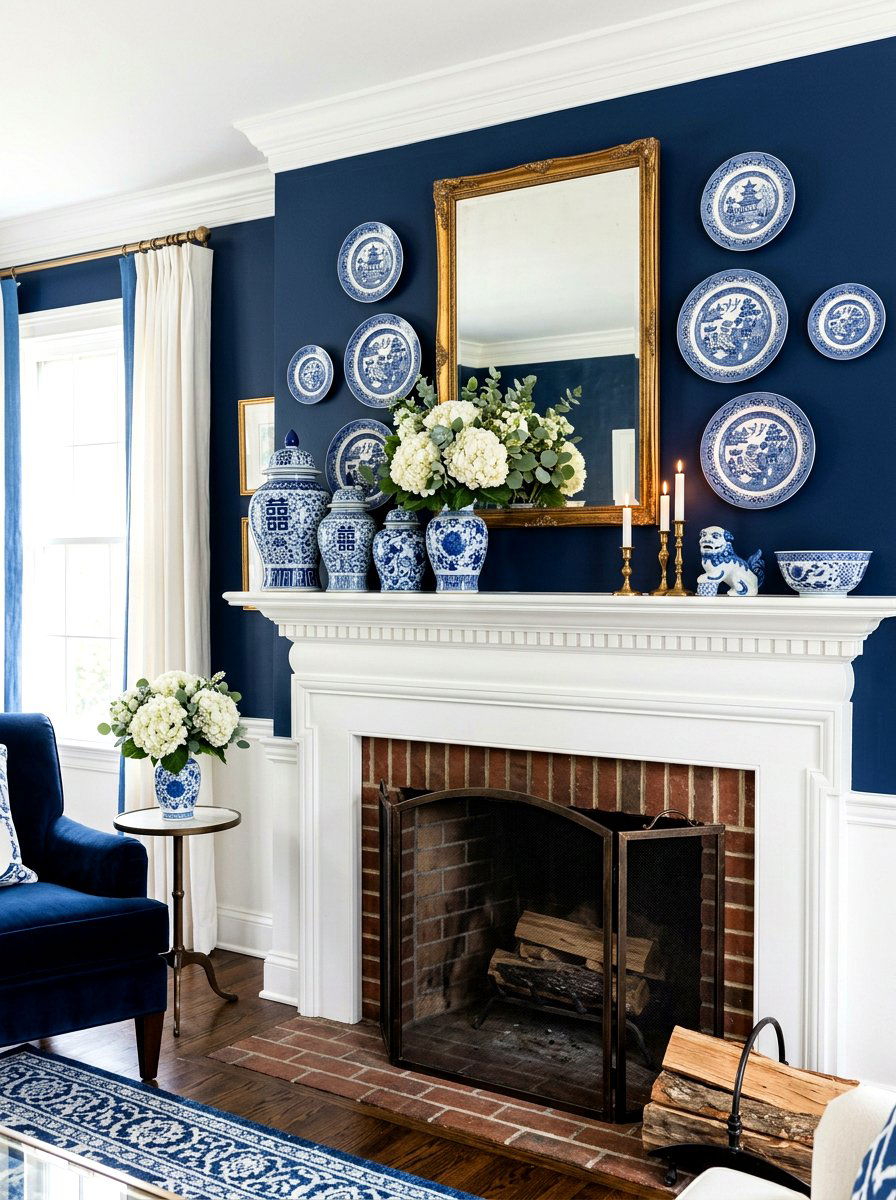 Blue and white mantel - 30 summer mantel decor ideas