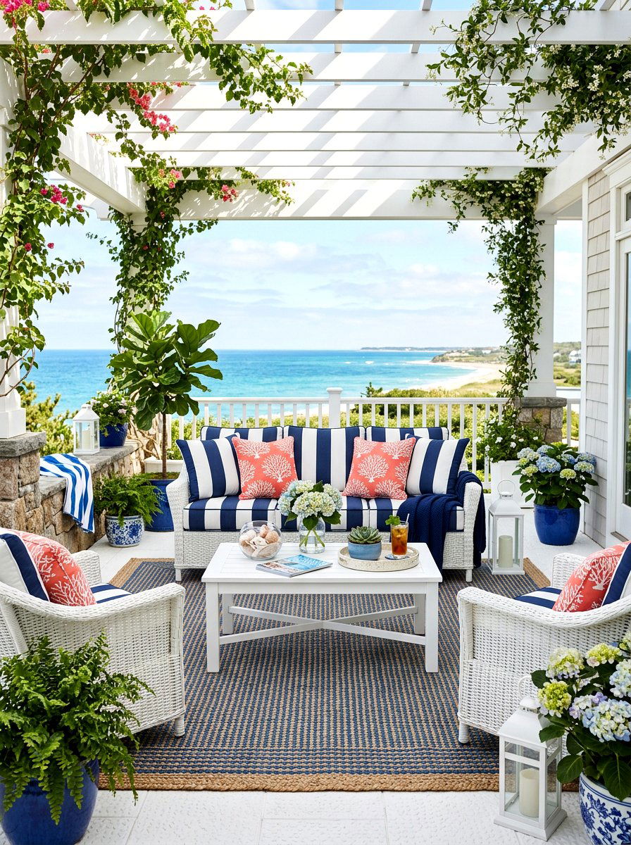 Blue and white patio - 30 beach house patio ideas