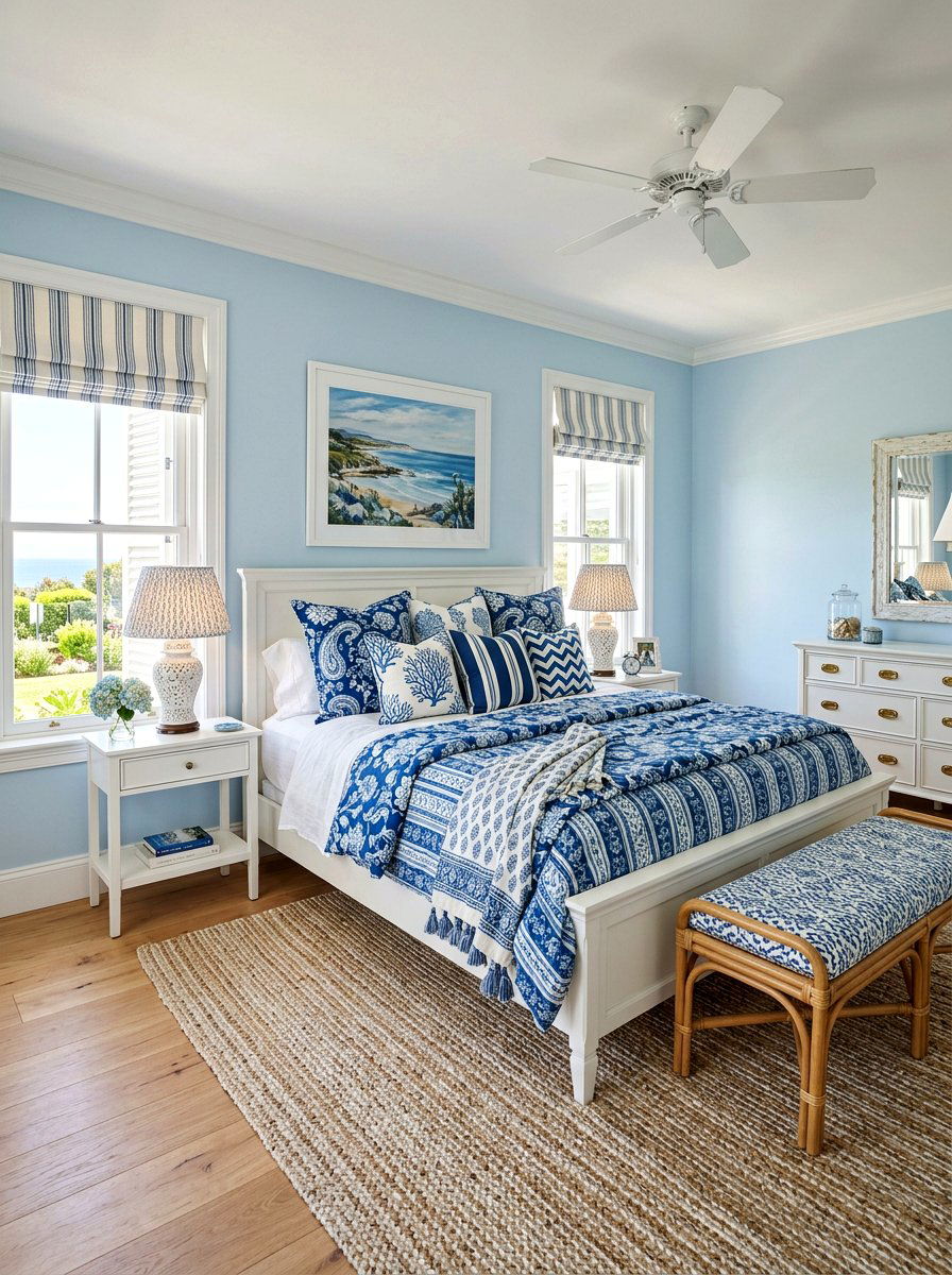 Blue and white patterned bedroom - 30 beach cottage bedroom ideas