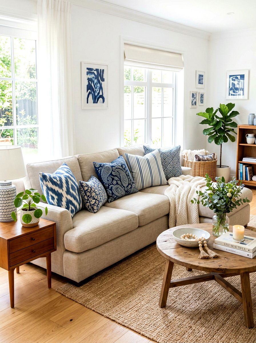Blue and white pillows - 30 blue and white living room decor ideas