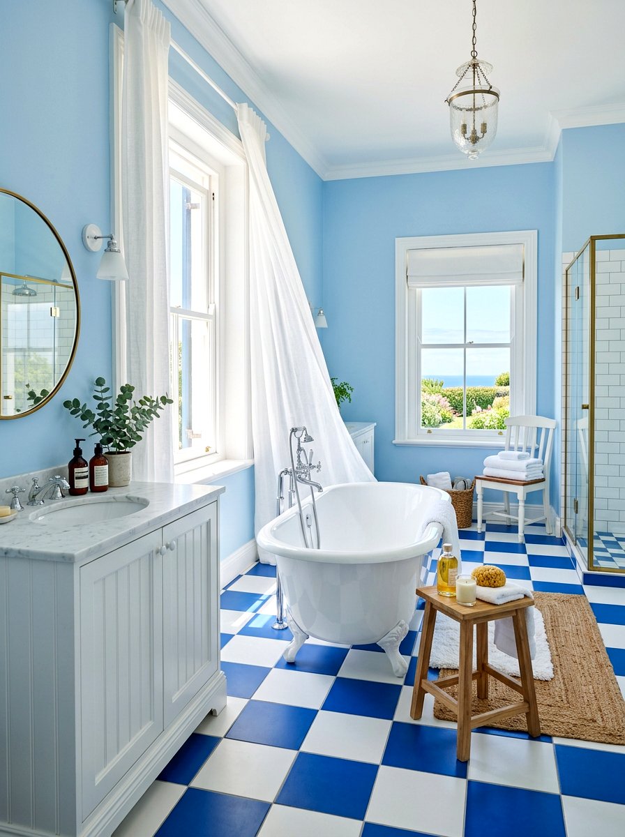 Blue and white porcelain checkerboard - 30 checkerboard bath floor ideas