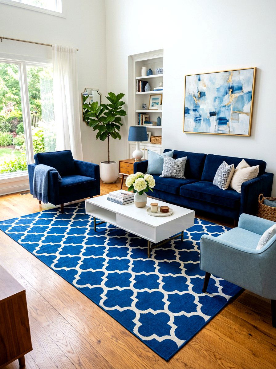 Blue and white rug - 30 blue and white living room decor ideas