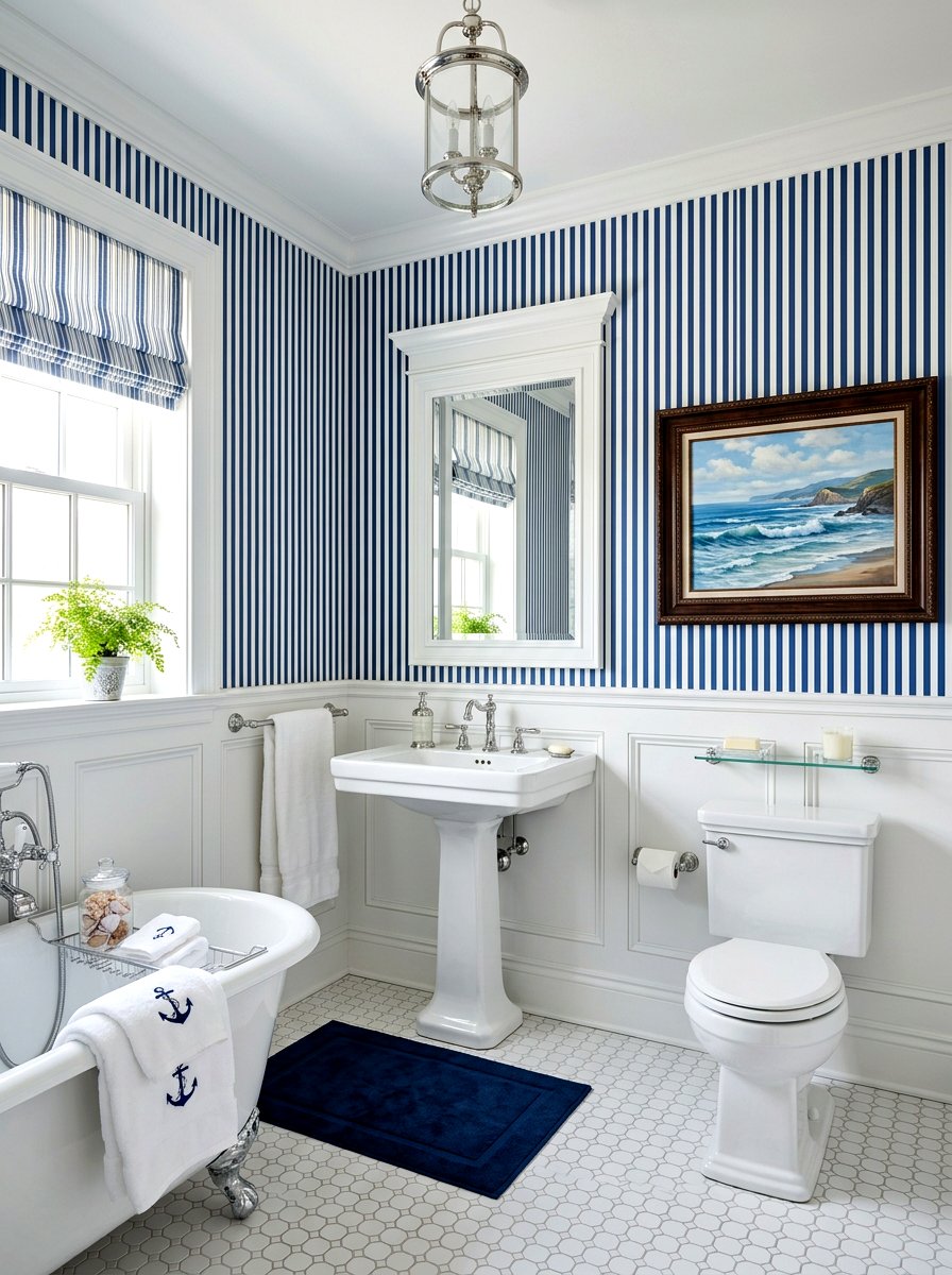 Blue and white striped wallpaper - 30 coastal grandmother bathroom ideas