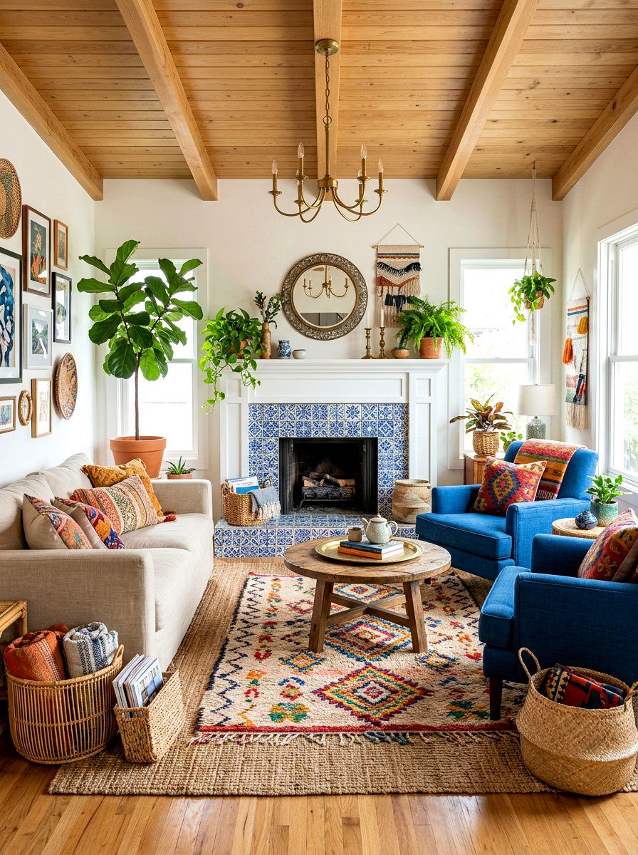 Blue and white tile fireplace - 30 blue and white living room decor ideas